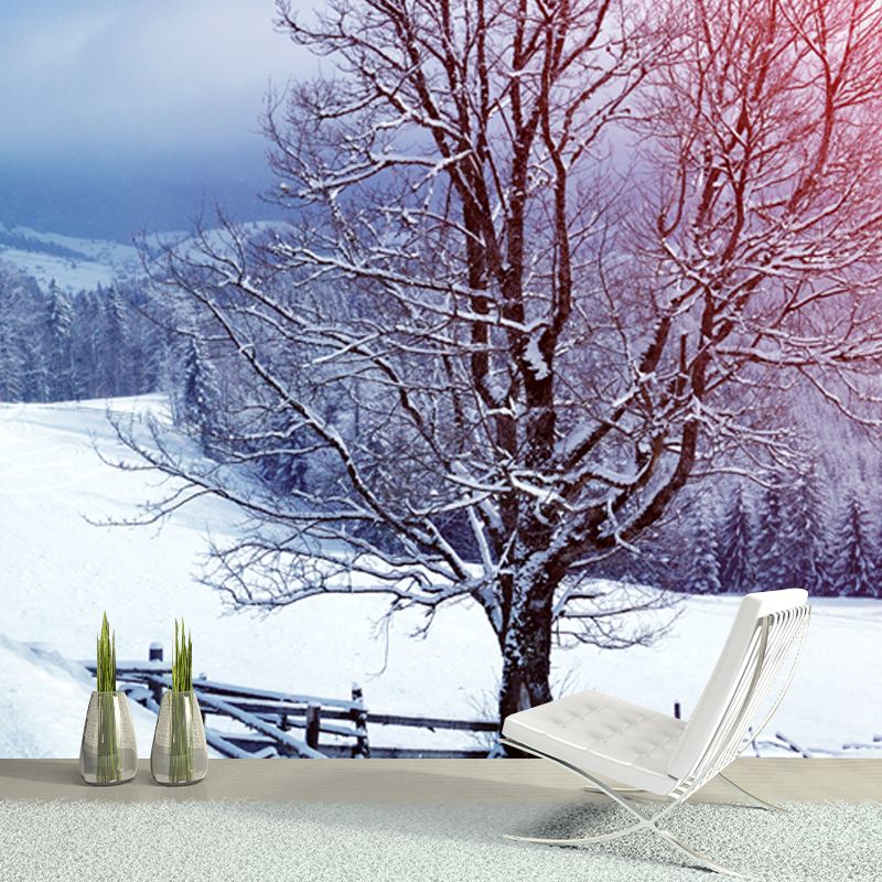 Pink Mountainside Trees Wallpaper Mural Snow Landscape Modern Stain-Proof Wall Art