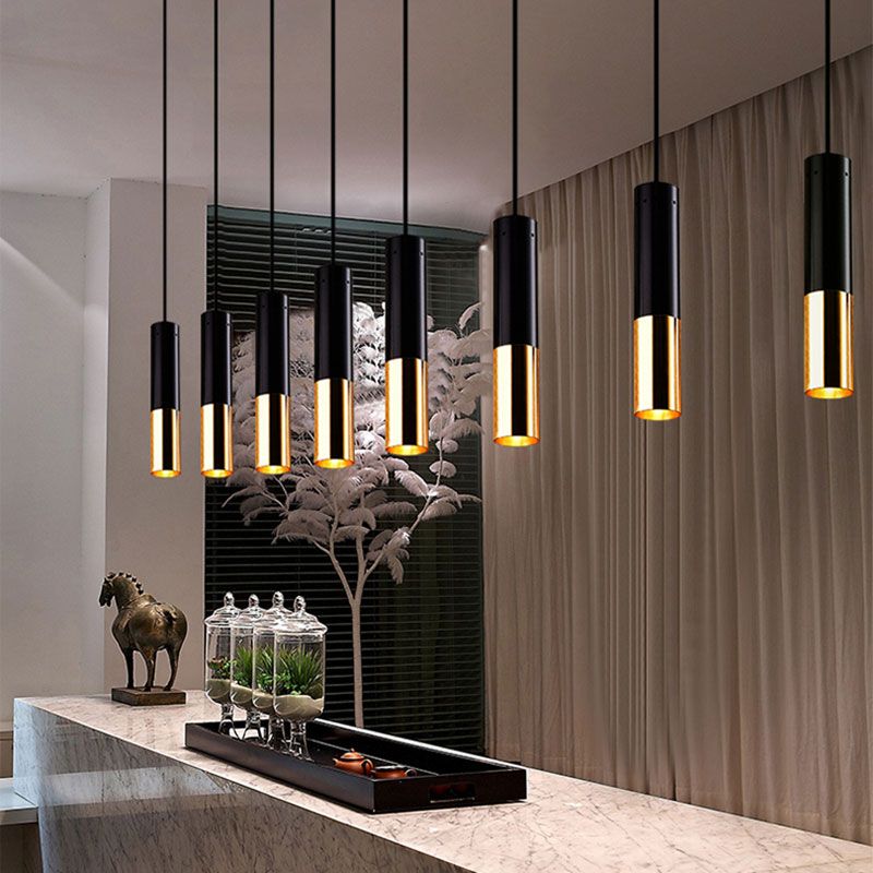 Black and Gold Cylinder Pendant Lighting Single Light Modern Metal Hanging Lamp for Bar Cafe