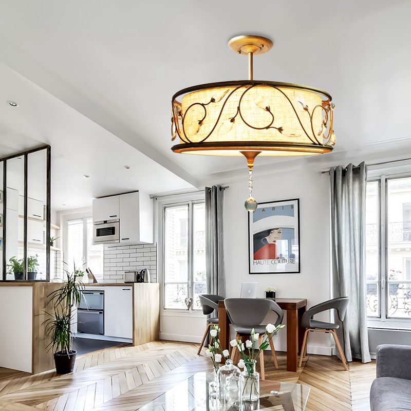 14 "/16" Dia Golden 3-Light Semi Flush Lamp Traditioneel metalen ronde plafondlicht met kristalelement