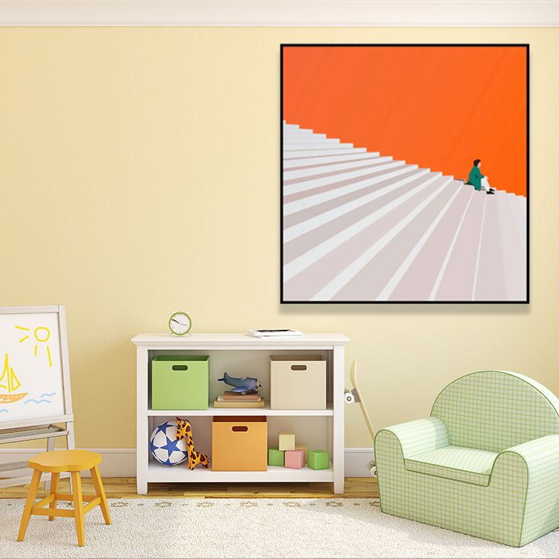 Nordic Man with Stair Painting Still Life Square Wall Art Deco in Orange for Bedroom