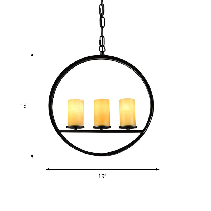 Black 3 Heads Suspension Light Vintage Metal Ring Chandelier Lamp Fixture with Cylinder Yellow Dolomite Shade