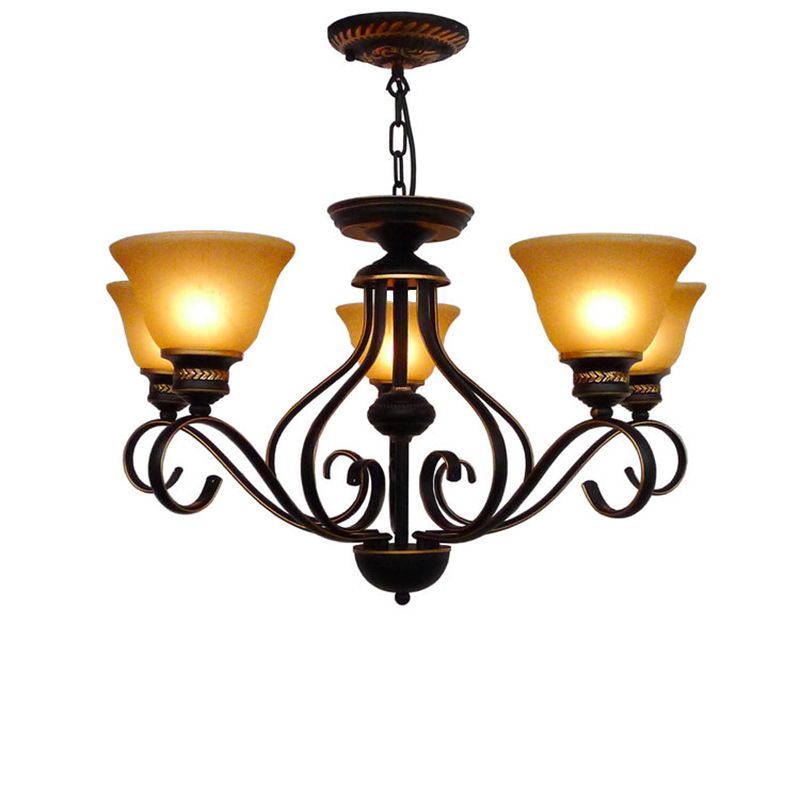 5 lumières en verre givré beige suspension de lustre suspendu traditionnel noir de cloche noire