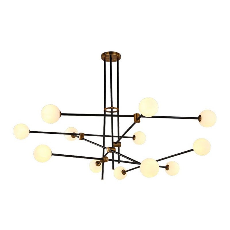 Simplicity Linear Chandelier Metal Living Room Pendant Lighting with Ball White Glass Shade in Black