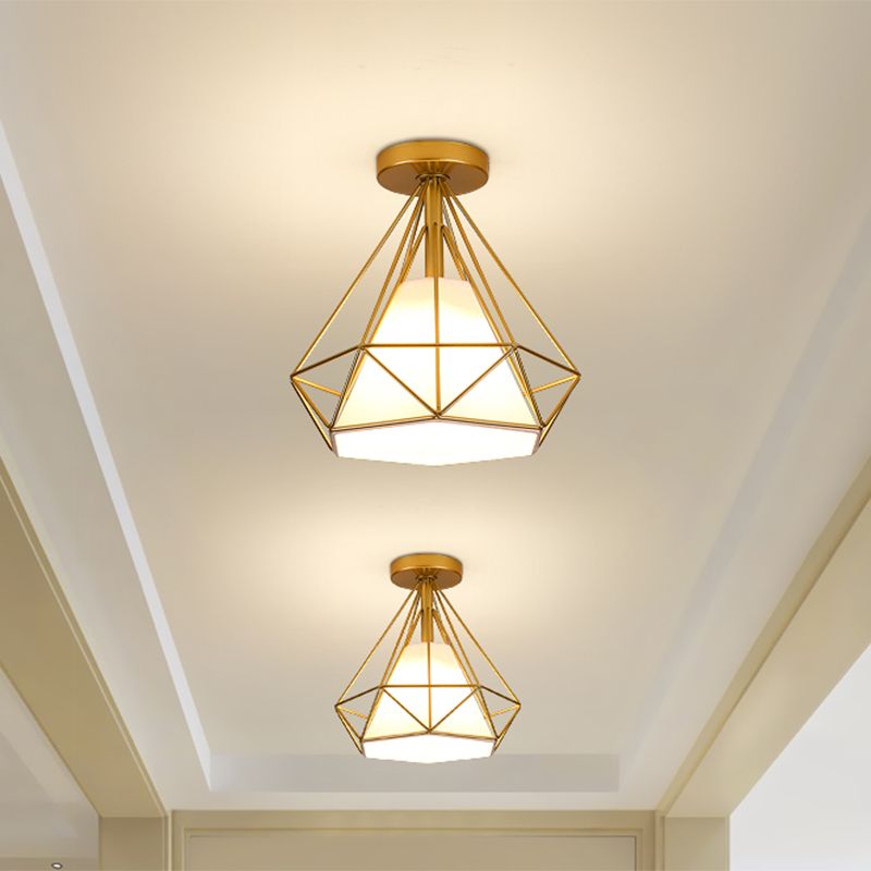 Gold Cage Diamond Semi Flush Hanglamp Vintage Industrieel Metaal 1 Licht Slaapkamer Plafondlamp