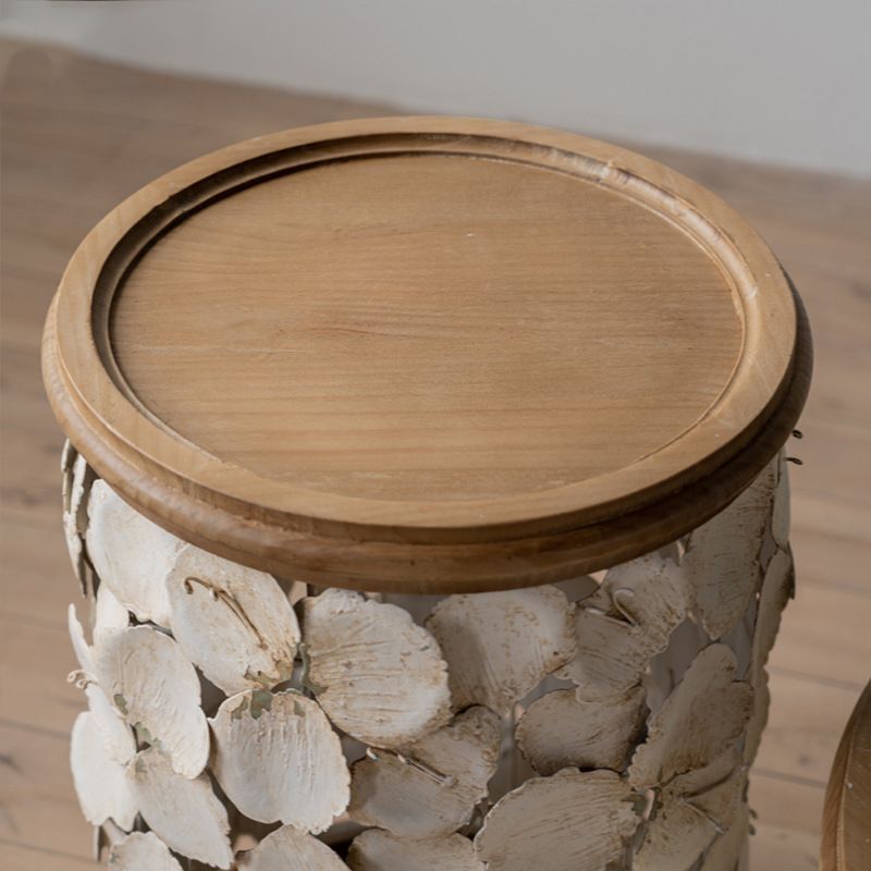 Rustic Solid Wood Round Top Distressed Drum End Table with Metal Base