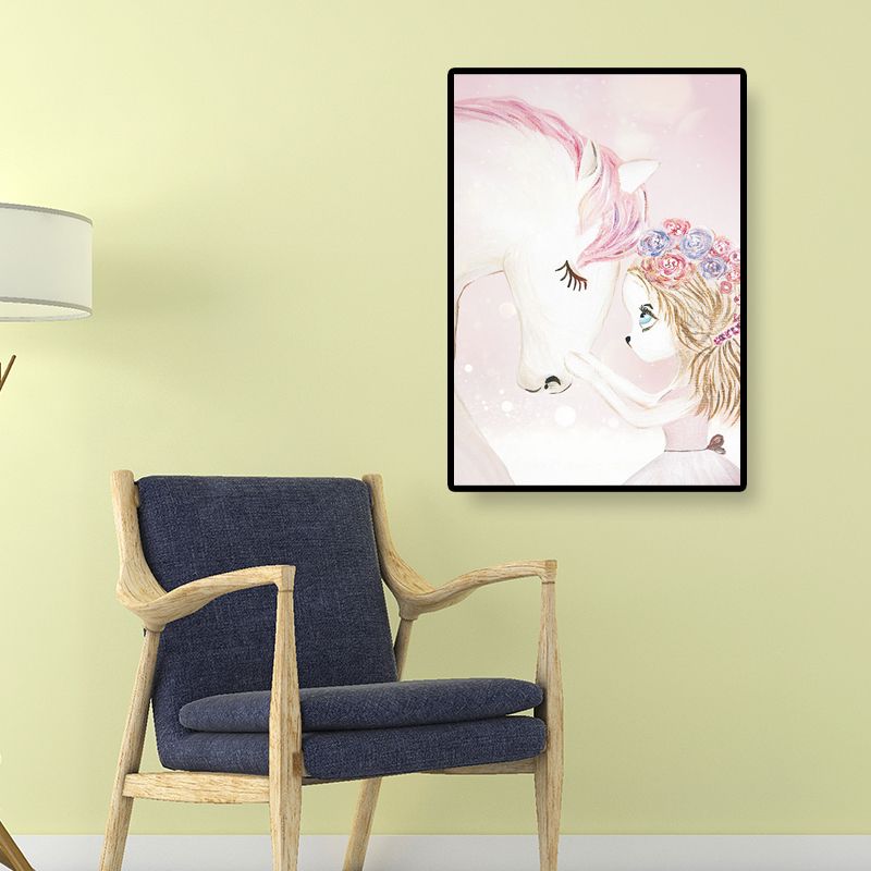 Fantasy Deer Girl Painting Canvas Childrens Art Textured Wall Decor in Pastel Color
