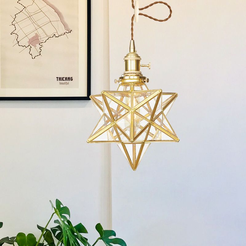 Star Shaped Pendant Lighting Postmodern Clear/Frosted Glass 1 Light Brass Hanging Light Kit with Adjustable Rope