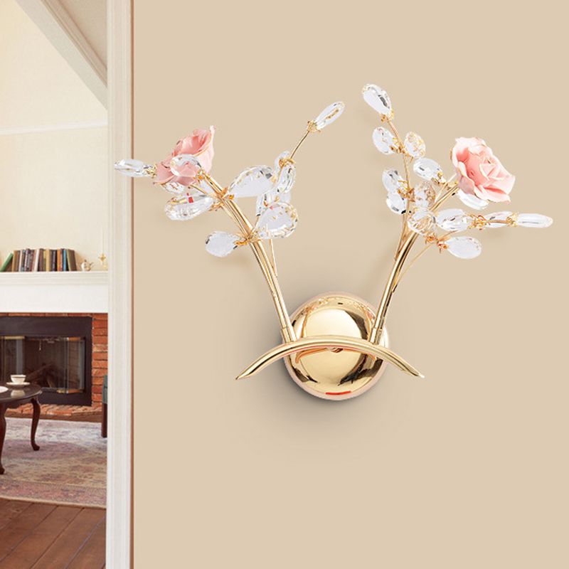 Branch Corridor Wall Lighting Contemporary Clear Crystal Raindrops 2 Heads Gold Wall Mount Lamp with Rose Design