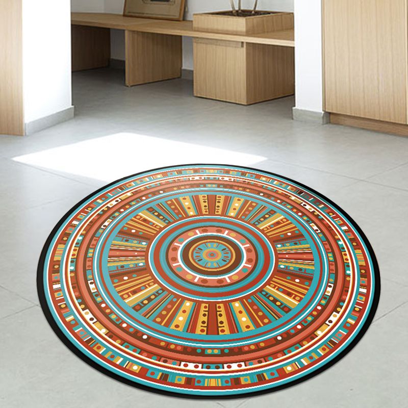 Vintage Concentric Circle Rug Blue and Orange Bohemian Rug Polyester Non-Slip Backing Carpet for Bedroom