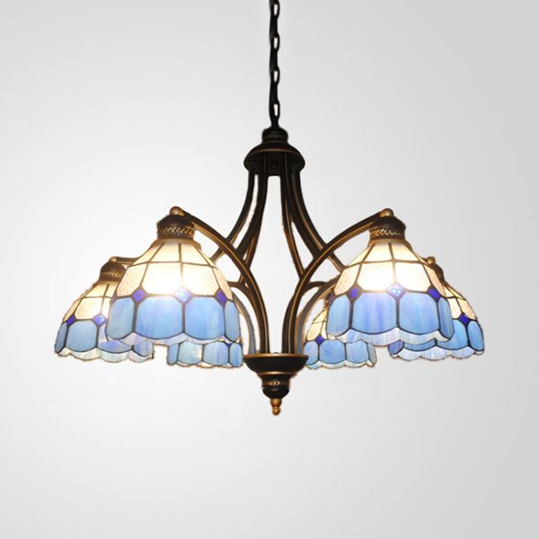 Lustre en verre bleu en verre semi avec chaîne métallique 6/8 lumières