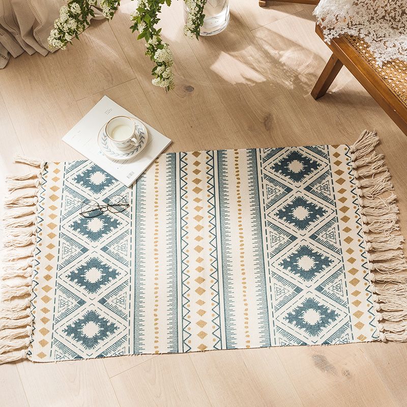 Simplicity Green Boho Rug Cotton Knit Seamless Patterned Rug Pet Friendly Machine Washable Carpet for Dining Room