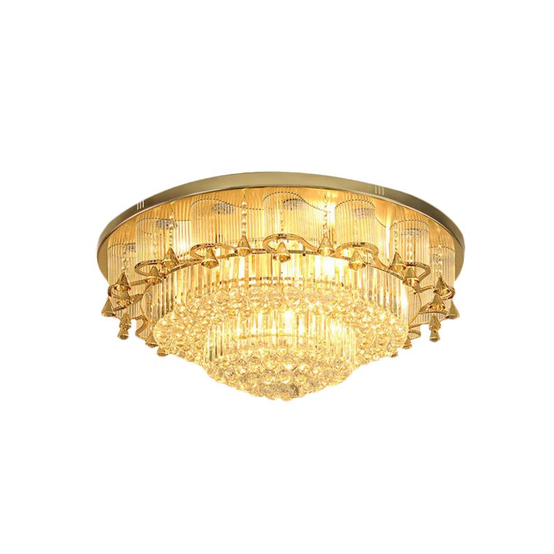 Gold Layered Round Flushmount Light Minimal Faceted Crystal LED Living Room Ceiling Flush Mount