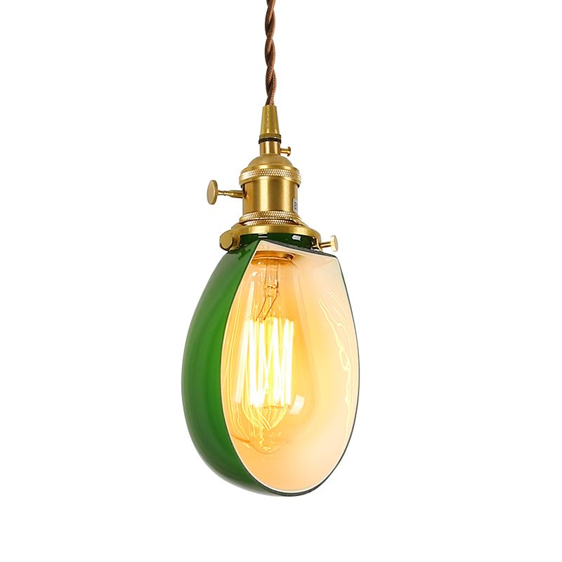 Brass Small Pendant Lighting Vintage Green Glass 1-Head Hanging Lamp with Rotary Switch