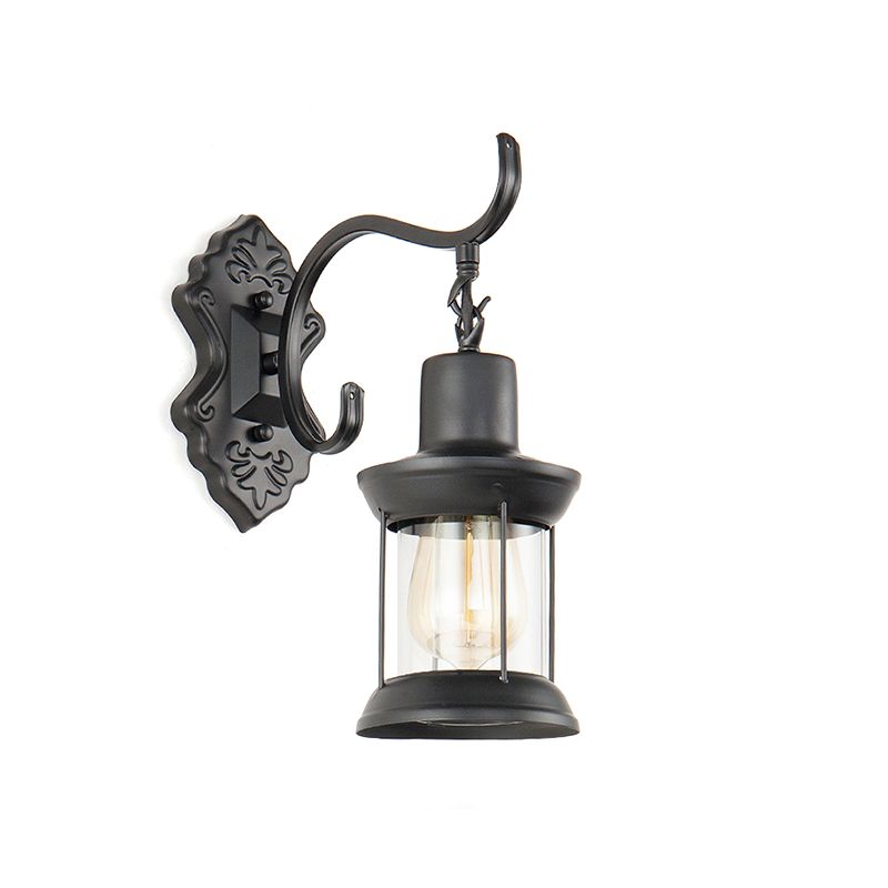 Lantern Clear Glass Wall Mounted Lamp Vintage Single Bulb Outdoor Sconce Light in Black with Carved Pattern