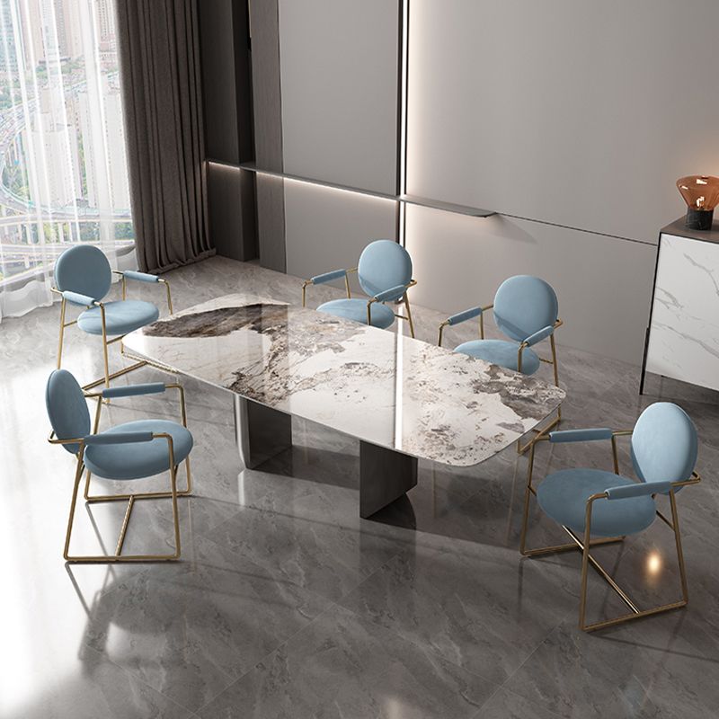 Industrial Double Pedestal Dining Table Rectangle Stone Top Dining Room Table