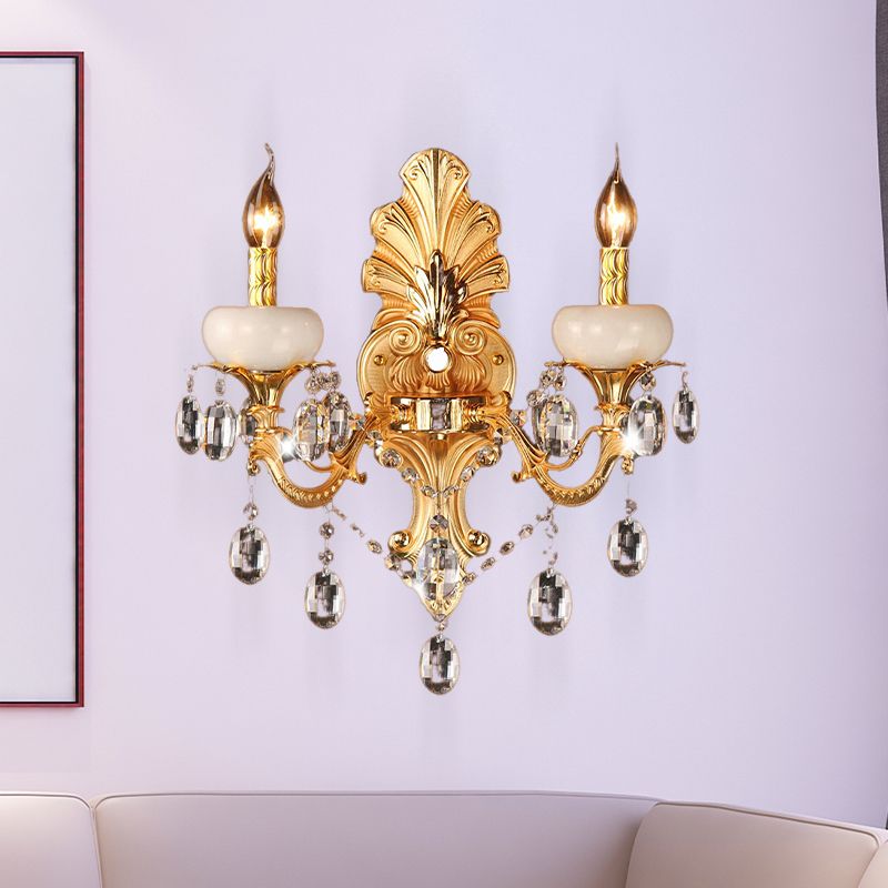Gold Candle Sconce Light Traditional Metal 2 Heads Living Room Mur Mount Lumière avec Crystal Drop