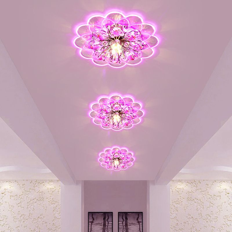 LED Ceiling Lighting Modernism Floral Beveled Crystal Flush Mount in Red for Porch, Pink/White/Warm Light
