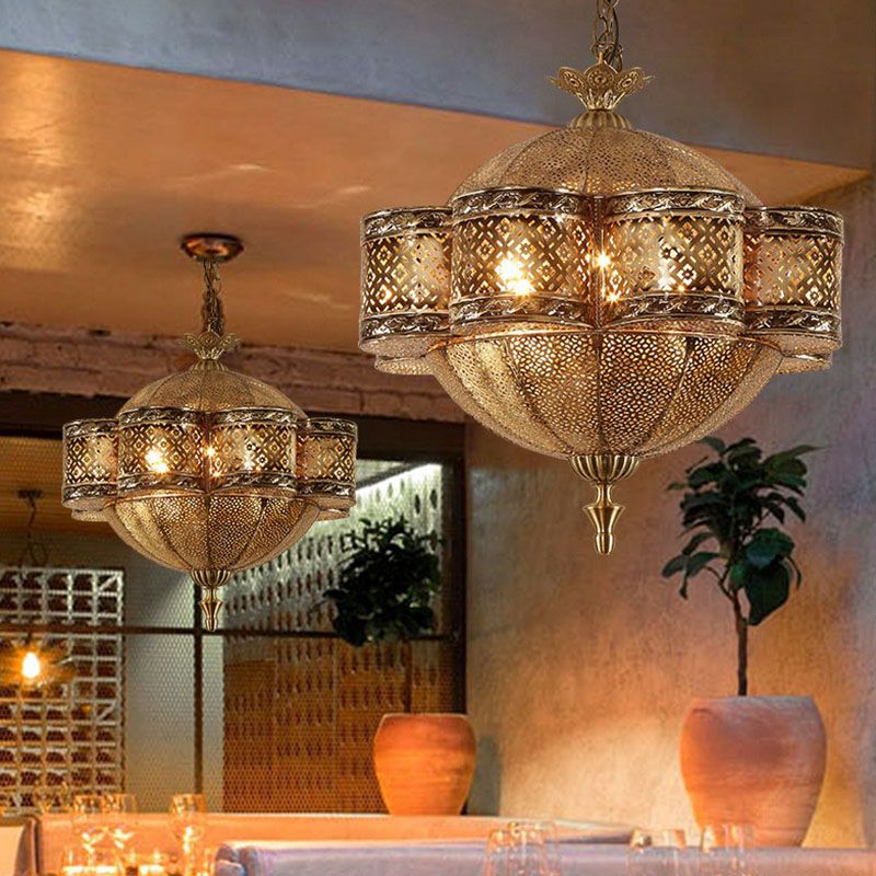 Cut-out Metallic Ceiling Light Southeast Asia 6 Bulbs Restaurant Hanging Pendant Light in Bronze