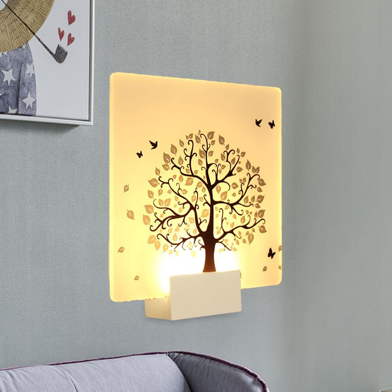 White Square Tree and Bird Wall Light Nordic Style LED Acrylic Wall Mural Lamp for Living Room