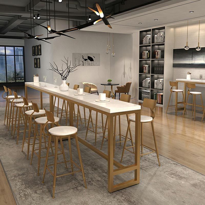 Gold and Metal Base Table White Rectangle Solid Wood Bar Table