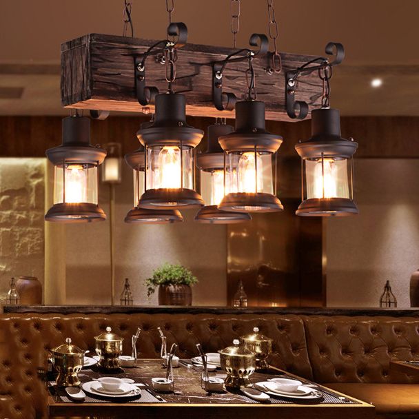 Rectangular Shape Pendant Light Modern Style Wood 6 Lights Hanging Lamp in Brown