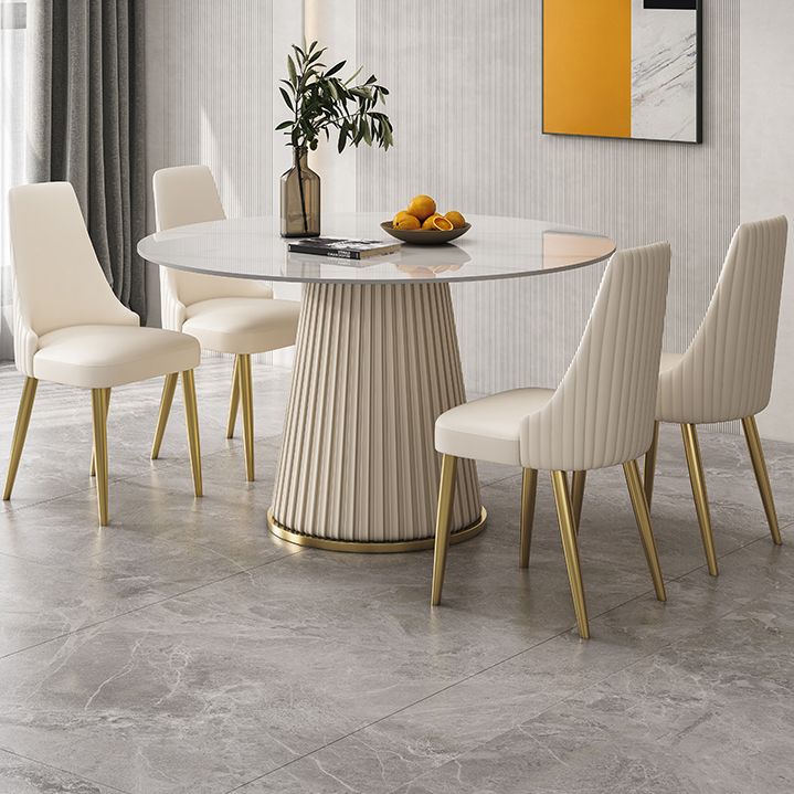 Round Traditional Luxury Dining Table White Sintered Stone Table with White Pedestal Base