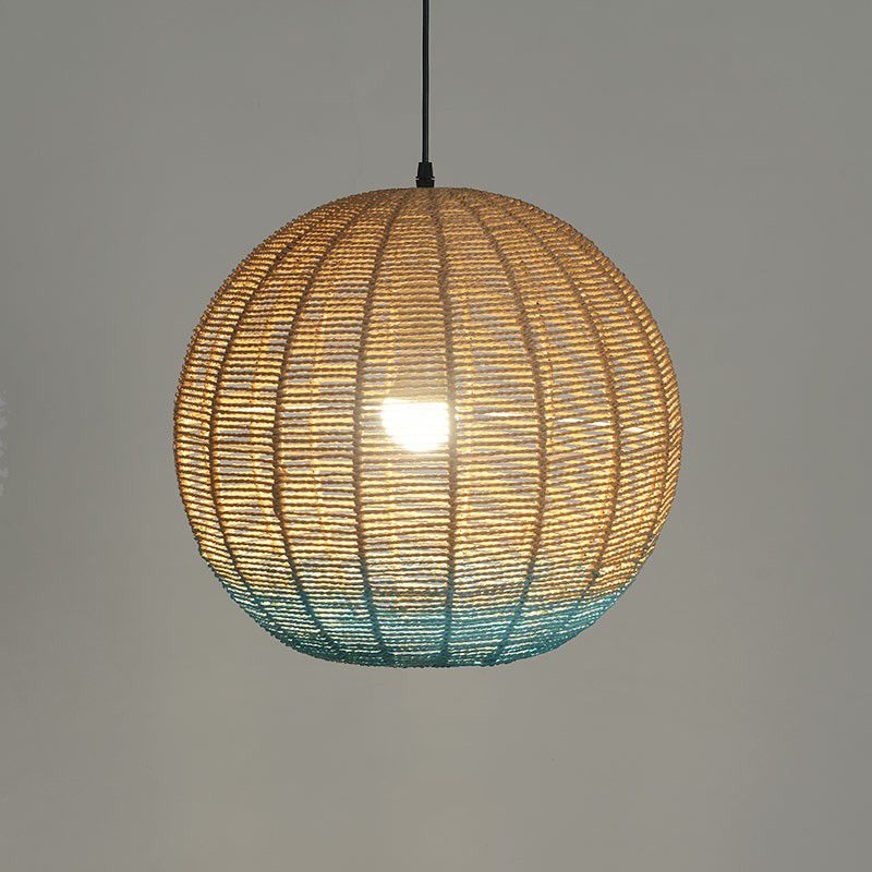 Asiatische kreative Kugelheizlampe Rattan 1 Lampenrestaurant Deckenleuchte in Holz und Blau