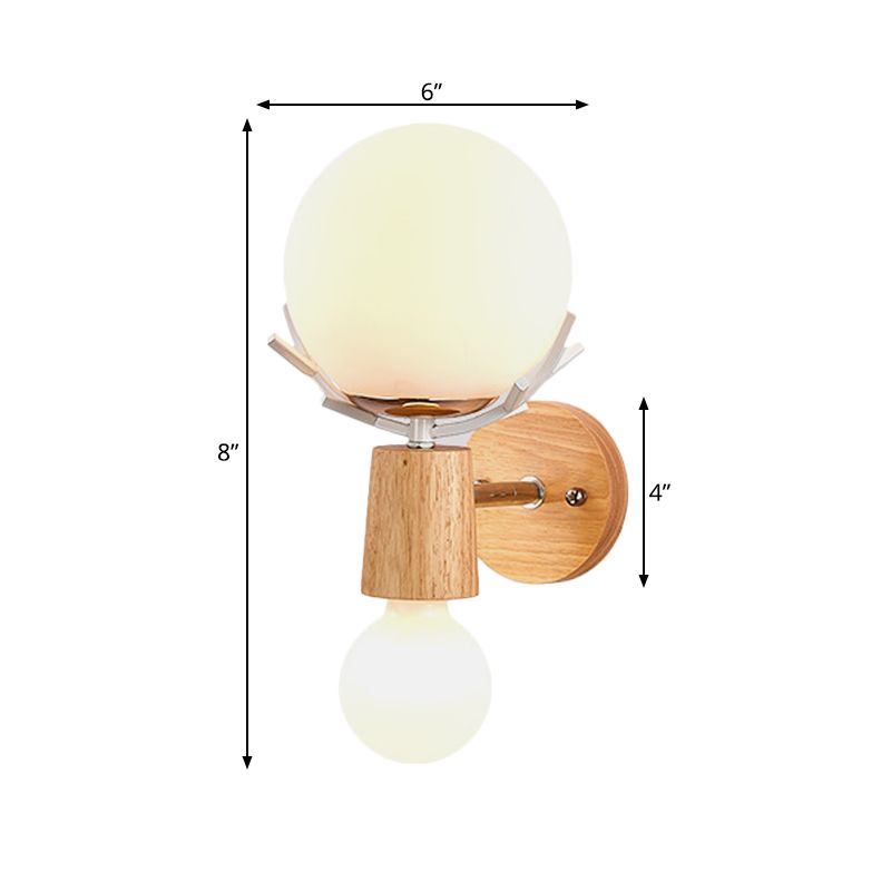 2 Heads Bedside Wall Lighting Modernist Wood Sconce Light Fixture with Ball White Glass Shade