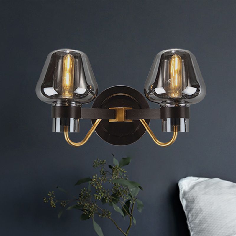 2-Bulb Wall Light with Mushroom Shade Smoked Glass Modern Bedroom Sconce Lighting Fixture