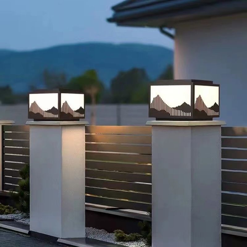 Rectangle Shape Metal Solar Pillar Lamp Modern 1 Light Outdoor Waterproof Light in Black