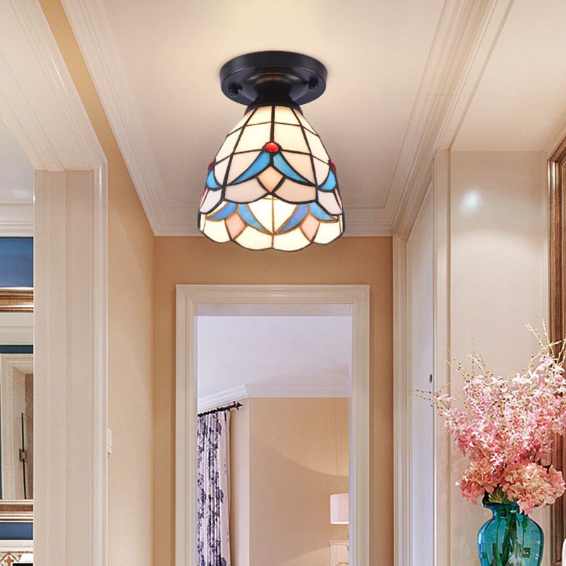 Shaded Semi Flush Mount 1-Light Handcrafted Glass Tiffany Style Ceiling Mounted Light