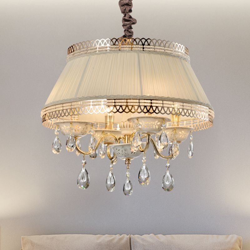 Empire Shape Fabric Light Chandelier Contemporary 4 Heads Bedroom Pendant plafond Light en gris / beige avec goutte de cristal