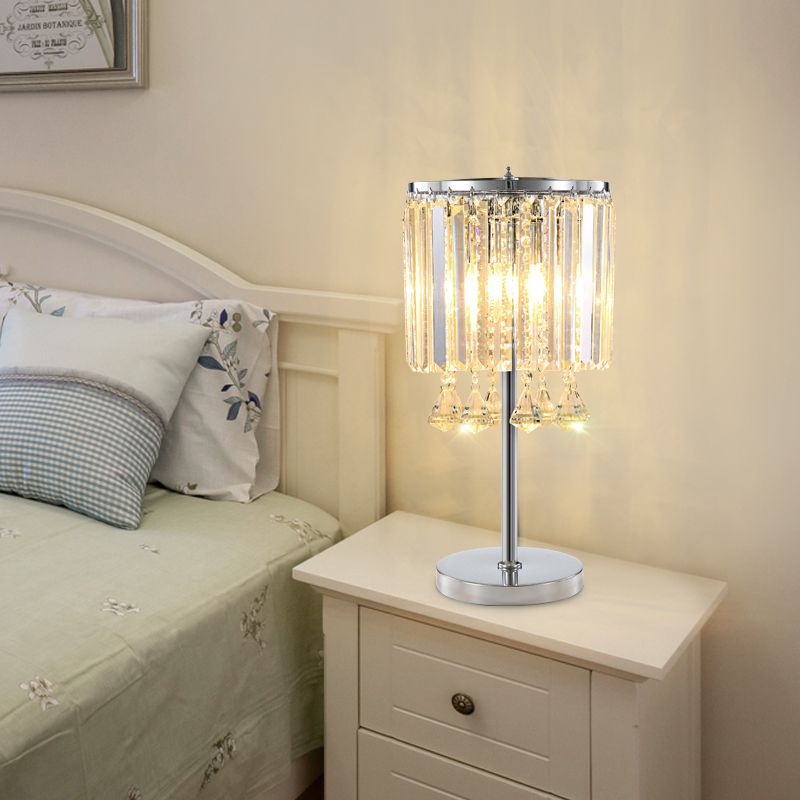 2 Heads Drum Task Light Modern Faceted Crystal Table Lamp in Chrome with Crystal Teardrop