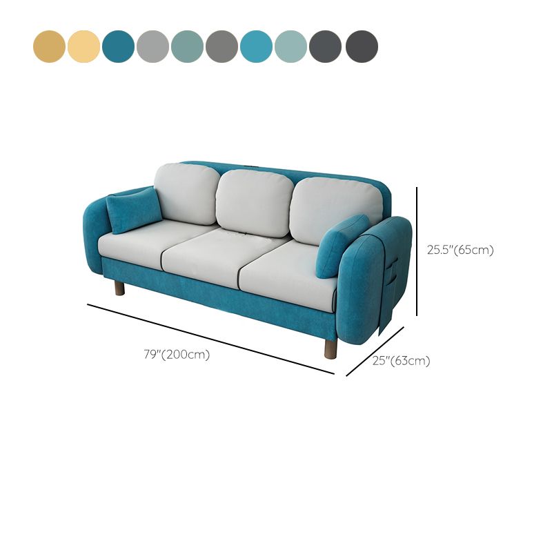 Square Arm Sofa 3 Seater Solid Color Sofa with Storage Side Bag