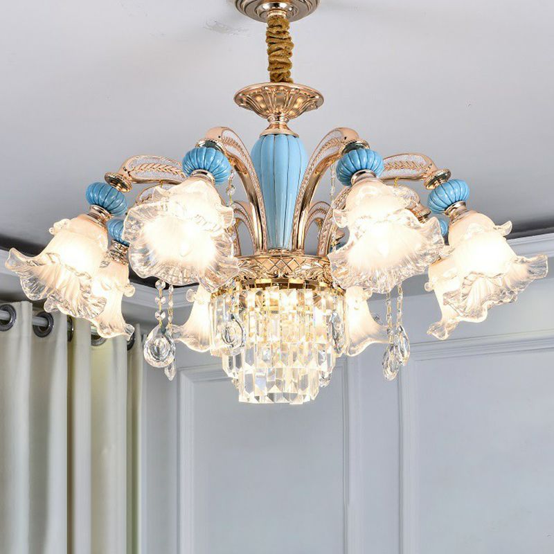 Frosted White Glass Floral Chandelier Antiqued Bedroom Hanging Ceiling Light in Blue