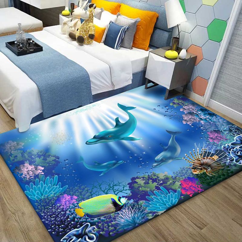 Ocean Blue Modern Rug Blending Fishes Indoor Rug Non-Slip Backing Rug for Living Room