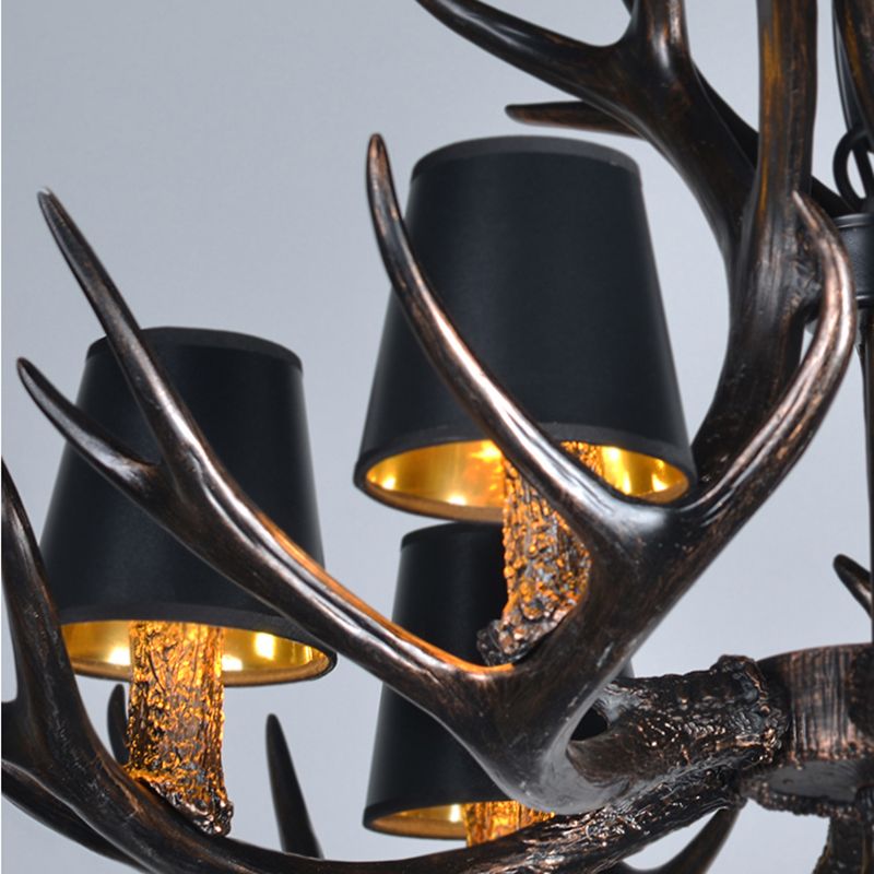 Black 3/6/8 Lights Chandelier Lighting Rustic Resin Conical Pendant Lamp with Faux Antler for Bedroom