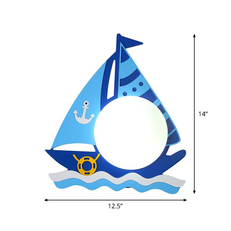 Timber Sailboat Wall Sconce Kids Single Head Blue Wall Light Fixture with Circular Glass Shade