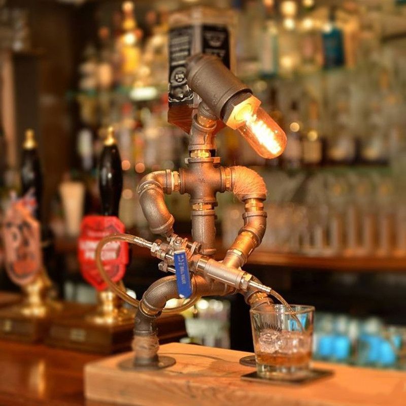 1-Light Wrought Iron Table Lamp Industrial Antiqued Brass Piping Bedroom Night Light