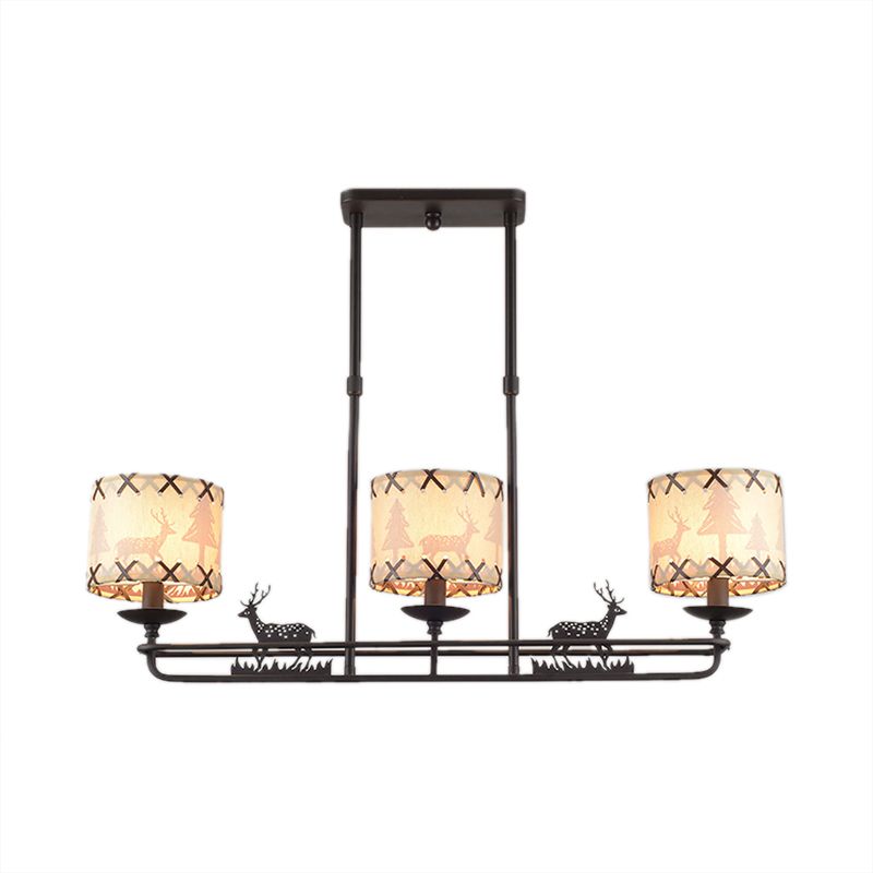 3 Lights Dining Room Island Lighting Traditional Black Hanging Lamp with Barrel Fabric Shade