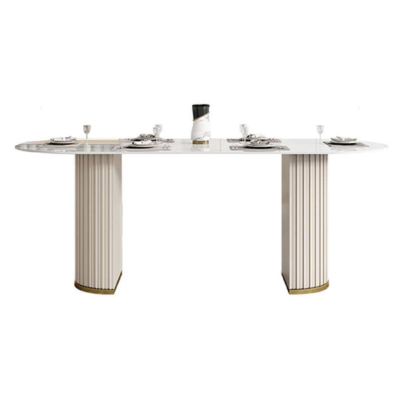 Luxury Sintered Stone Top Table Oval White Table with Double Pedestal