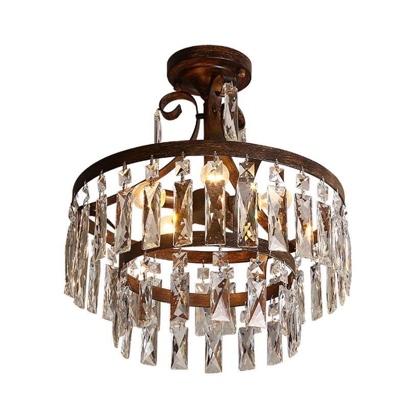 5 Heads Semi Flush Light Vintage Drum Crystal Flute Close to Ceiling Lighting Fixture in Black
