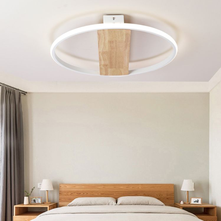Modern LED Ceiling Light Fixture White Circular Ceiling Mounted Light with Wooden Shade
