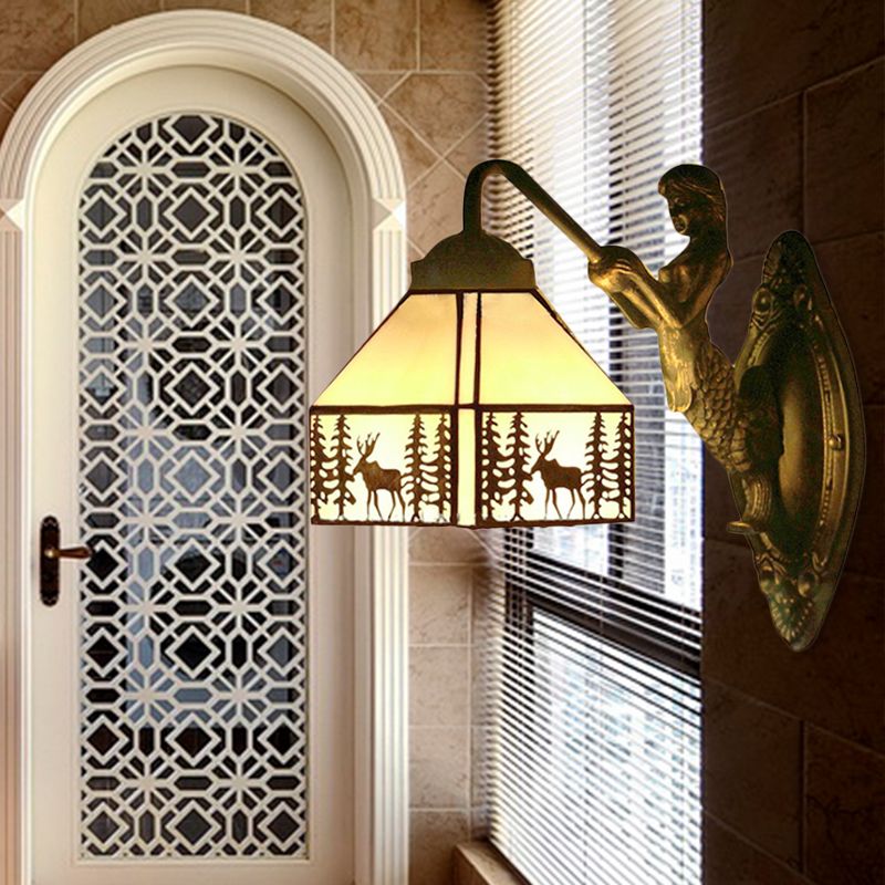 Small House Wall Mount Light Retro Stained Glass 1 Light Wall Lighting with Mermaid Decoration
