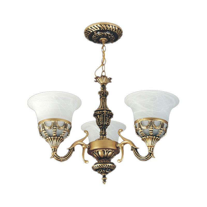 3-licht hangende kroonluchter traditionele restaurant hanglamp met wijd uitlopende albast glazen schaduw in brons