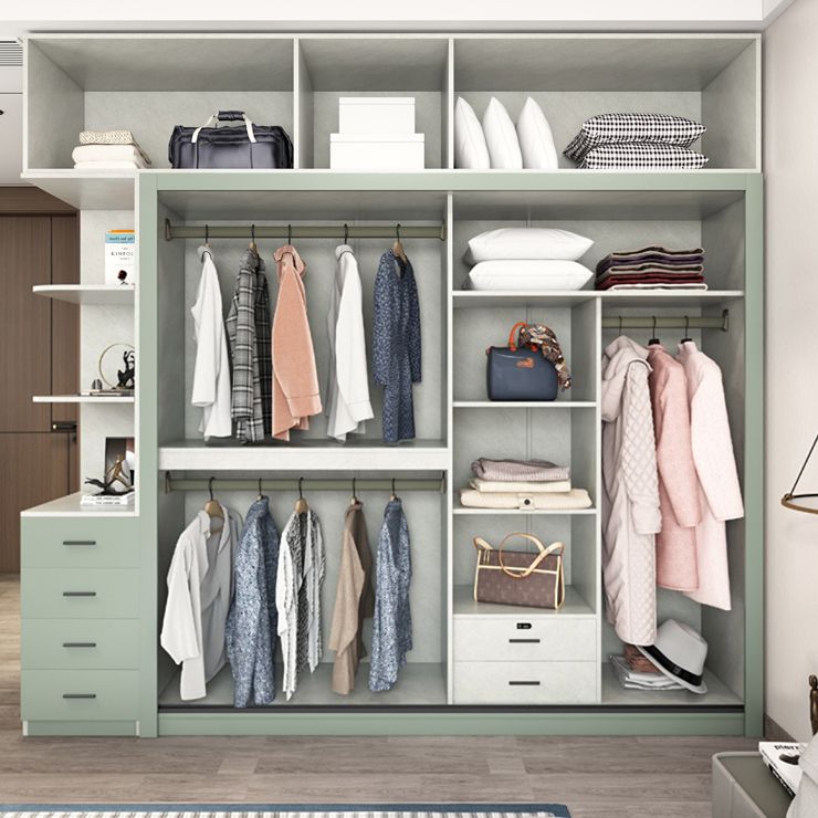 Green and White Bedroom Storage Cabinet Modern Sliding Door Cabinet with Drawers