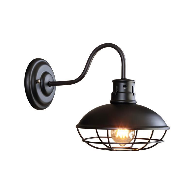 Wide Bowl Iron Wall Lamp Industrial Style 1-Light Bistro Sconce Wall Light with Bottom Wire Cage in Black/Coffee