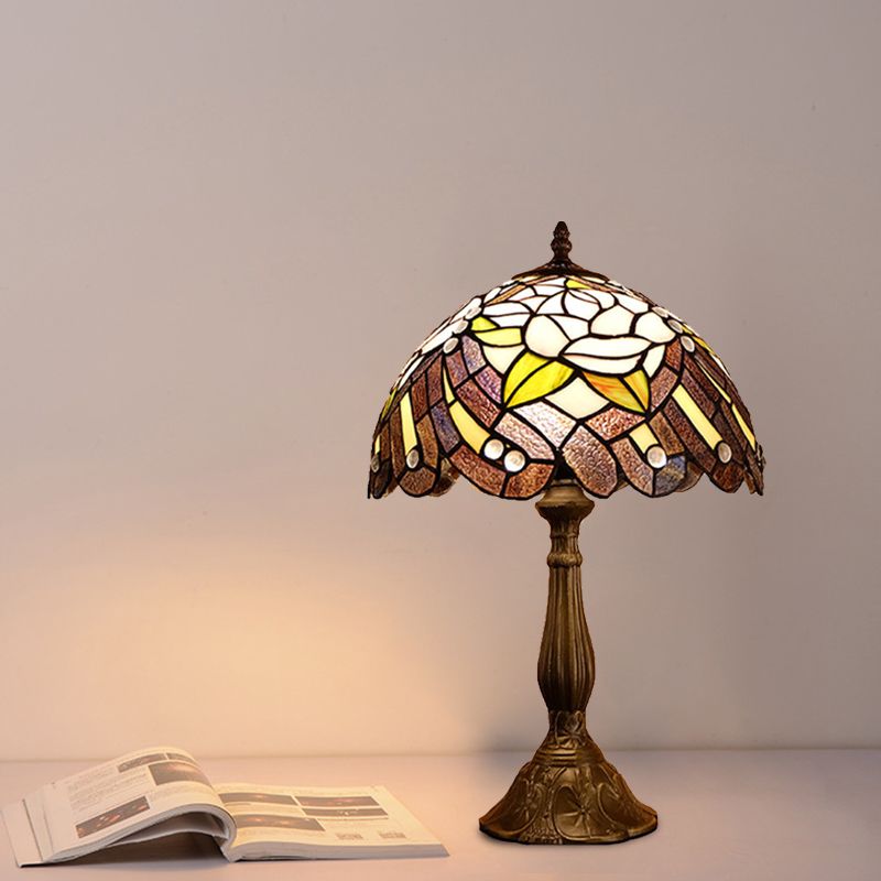Cut Glass Domed Shade Night Lighting Victorian 1-Light Red/Brown Flower Patterned Table Lamp for Bedside