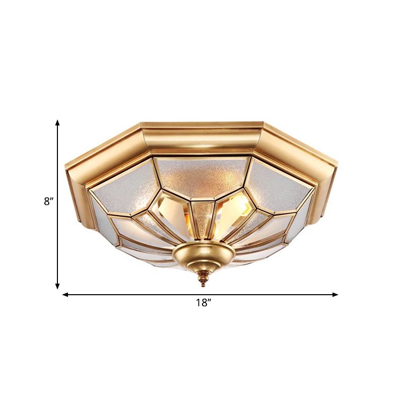 3 Bulbs Bowl Ceiling Mount Colonial Brass Seeded Glass Flush Light Fixture for Bedroom