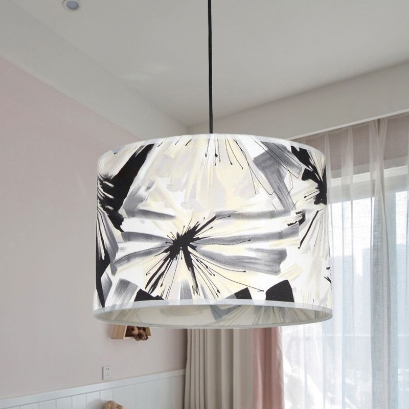 Printed Fabric Drum Shade Pendulum Light Contemporary 1 Bulb Black and White Pendant Lighting Fixture